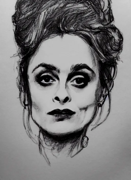 Prompt: sketch portrait of helena bonham carter in tim burten style on napkin