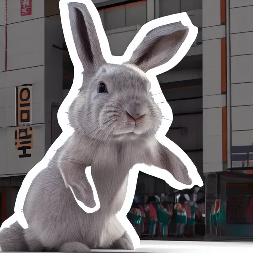 Prompt: 3d render of a rabbit wearing streetwear clothes in seoul