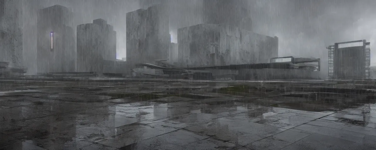 Prompt: brutalist architecture, metal, concrete, mist, rain, night, dramatic lighting, lightning bolt, trending on Artstation, 8k, highly realistic, hyper detailed, unreal engine 5, IMAX quality, photorealistic, cinematic, epic lighting, in the style of Zaha Hadid