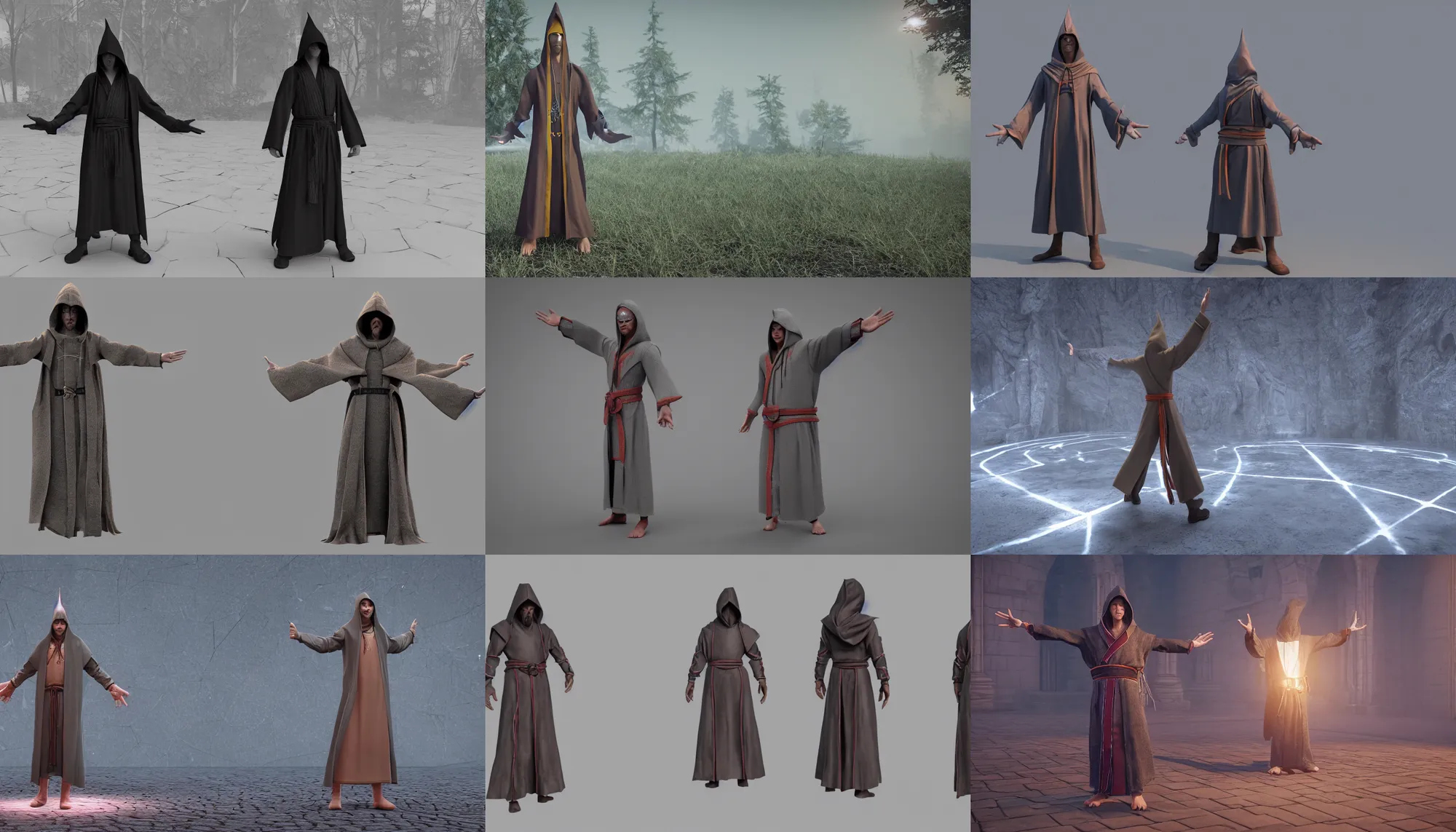 Prompt: t-pose of wizard, magic belt, cult robes, hood, 3d model rigged, TPose, t-pose, straight arms, 3d marketplace, different angles, octane render, ray tracing, unreal engine 5, DAZ, zbrush, 8k ultra HD,
