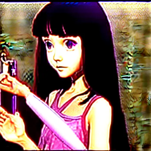 Prompt: 1971 still from a film of a portrait of a morbid 18 year old young woman wearing a dress of the soft aesthetic with wavy long hair, queen of sharp razorblades holds a single small sharp blade or a razor her hand and shows it to the user, by Range Murata, Katsuhiro Otomo, Yoshitaka Amano.