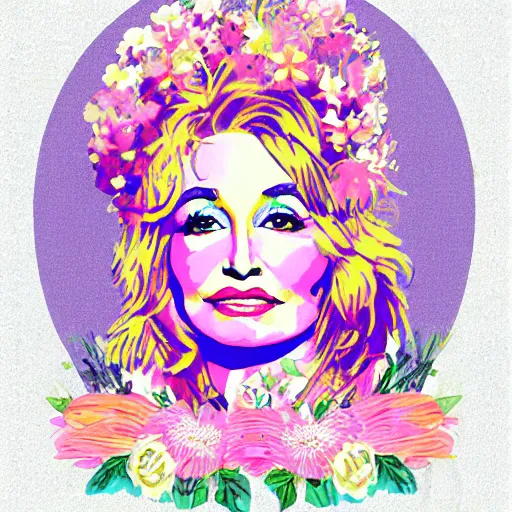 Prompt: flower child, Dolly Parton, graphic design, vintage, pastel