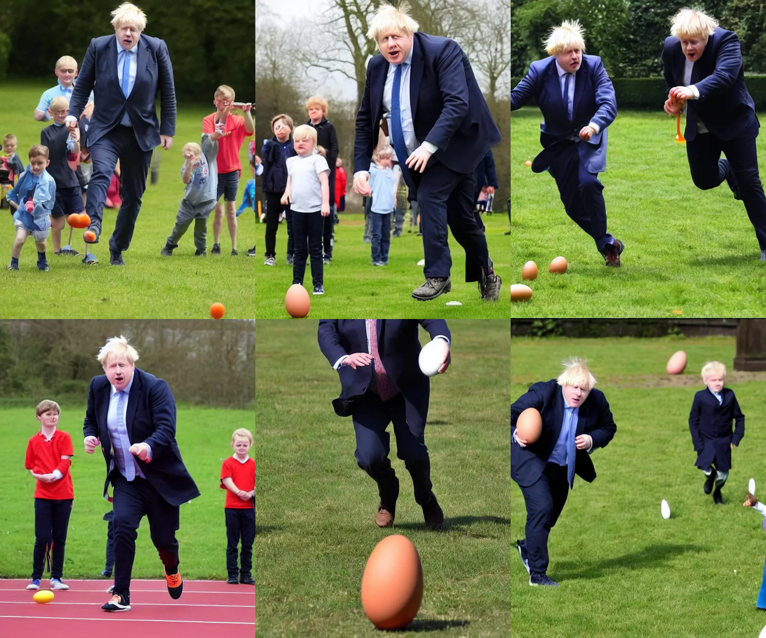 Prompt: boris johnson competing in in a children's egg and spoon race