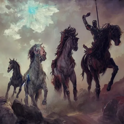 Image similar to four horsemen of the apocalypse, oil painting, by Fernanda Suarez and and Edgar Maxence and greg rutkowski