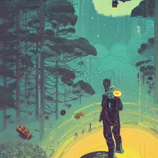 Prompt: Stunning 8k illustration of cyberpunk explorer holding his small circular robot friend in his hand, forest in background, highly detailed, by Victo Ngai and James Gilleard , Moebius, Laurie Greasley