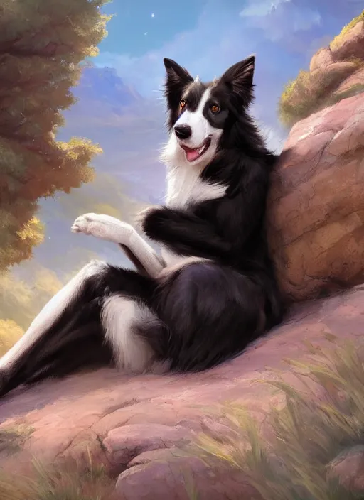 Image similar to wide angle beautiful full body portrait of a cute male anthropomorphic anthro border collie fursona reclining on the side of a rocky hill, character design by charlie bowater, henry asencio, and ross tran, disney, scenic background, detailed, glamor pose, aesthetic, trending on artstation, furaffinity, deviantart