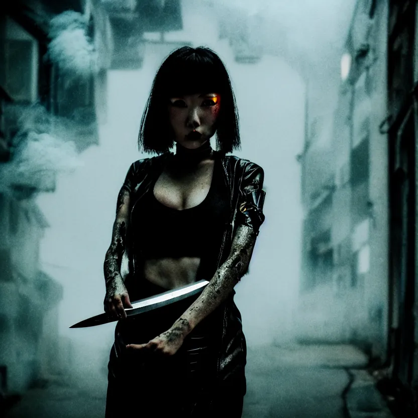 Prompt: a photo close up cyberpunk woman, knife dance in cyberpunk dirty alley, smoke mist rain, cyberpunk gunma prefecture, midnight, photorealistic, cinematic color, studio lighting, highly detailed, bokeh, style by tomino - sama