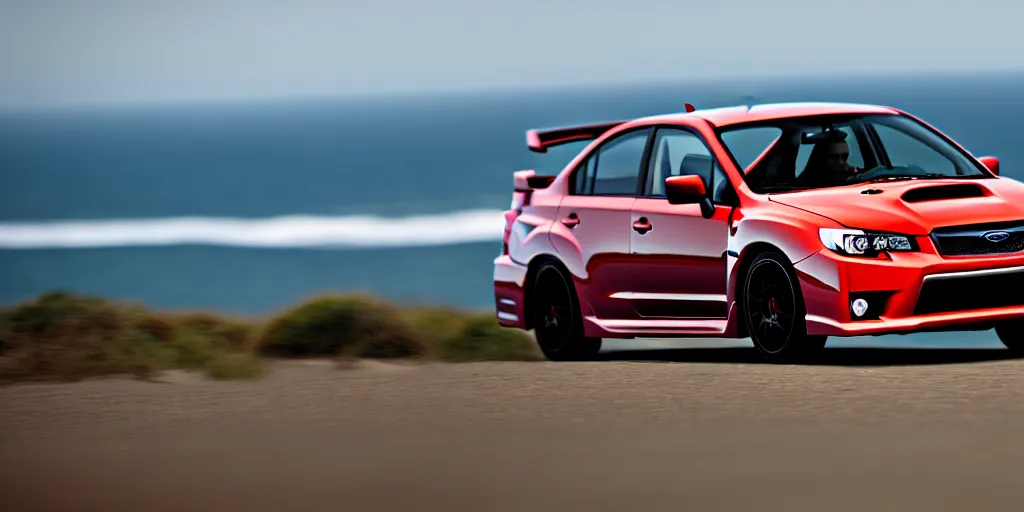 Image similar to photograph, 2011 Subaru WRX STi, hatchback, cinematic, california coast, ocean view, 8k, depth of field, bokeh.