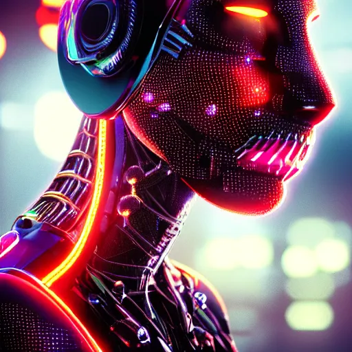 Prompt: closeup profile shot of neon cybernetic cheetah, city lights, strong bokeh, dramatic, cinematic, high contrast, octane render, artstation, 4k