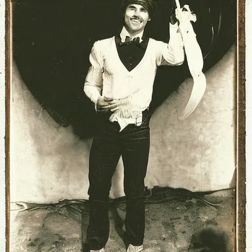 Image similar to old - time photograph of tom cruise as a circus attraction,