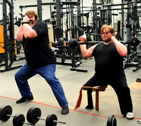 Image similar to gabe newell performing squats, award winning photograph by artie zeller