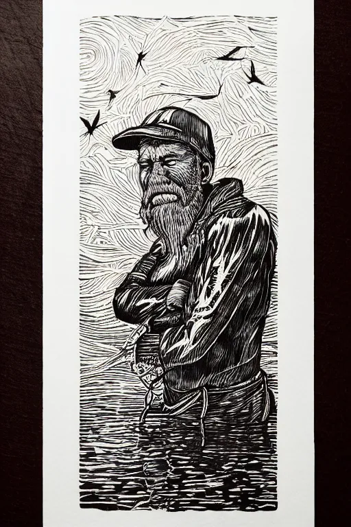 Prompt: a beautiful woodcut print of an old fisherman, 8 k, frostbite 3 engine, cryengine, dof, trending on artstation, digital art, crepuscular ray, art by valerie lueth