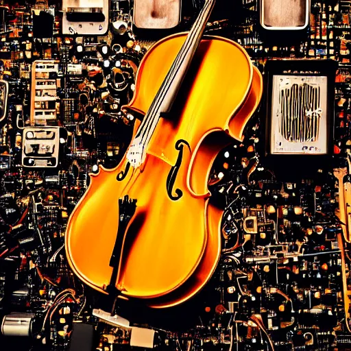 Image similar to a cello made from circuit boards and vacuum tubes, bright colors, cinematic, smooth, dramatic, detailed and realistic studio photograph, 8k, unreal engine, XF IQ4, 50mm, F1.4, ISO 200, 1/160s, natural light, Adobe Lightroom, photolab, Affinity Photo, PhotoDirector 365