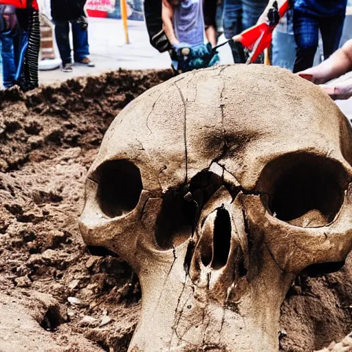 Prompt: photo of a giant skull being excavated in the middle of the city while the media gathers around it, trending on facebook, high definition, cinematic, 8 k