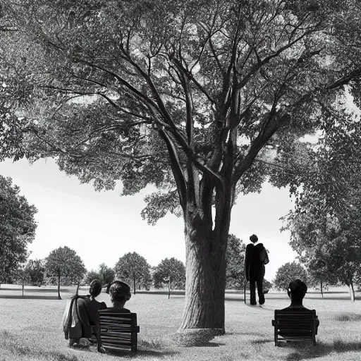 Image similar to a group of people in a park staring up at a gigantic tree, professional monochromatic, digital artwork