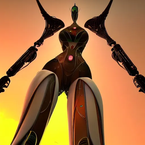 Prompt: worm's eye view from the floor, looking up, at a highly detailed 300 foot tall giant exquisite beautiful female warframe, as an anthropomorphic robot female dragon, posing elegantly over you, two massive well detailed high quality legs towering over you, camera looking up from between the legs, at the beach on a sunset, sleek design, streamlined matte black armor, sharp detailed claws, detailed sharp robot dragon feet, giantess shot, upward shot, ground view shot, front shot, cinematic shot, high quality warframe fanart, captura, realistic, professional digital art, high end digital art, furry art, anthro art, DeviantArt, artstation, Furaffinity, 8k HD render, epic lighting