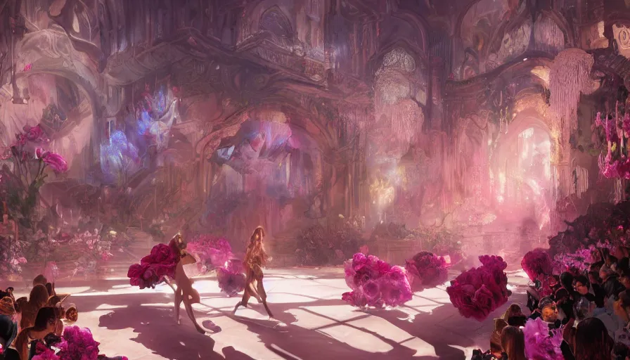 Image similar to victoria secret runway show, light, shadows, reflections, flowers, epic composition, intricate, elegant, volumetric lighting, digital painting, highly detailed, artstation, sharp focus, illustration, concept art, ruan jia, steve mccurry, artgerm and mina petrovic and timothy kong and marina federovna