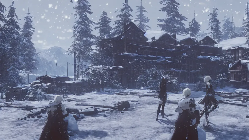 Image similar to Screenshot from Nier Automata, beautiful landscape at an abandonned ski station, near a chairlift, winter