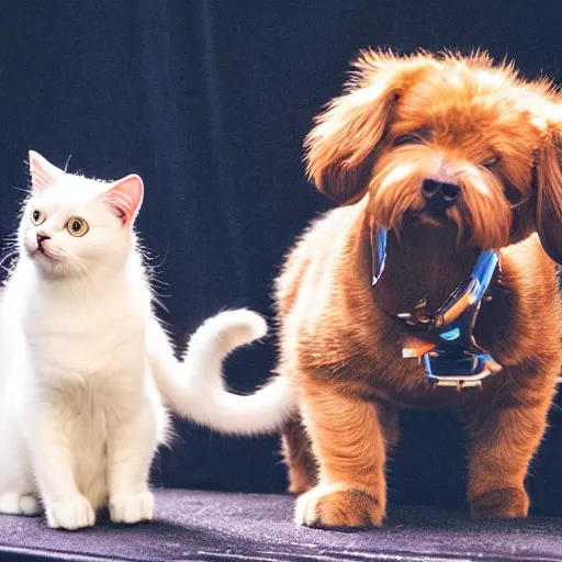 Image similar to a cat and a dog playing music on stage, professional photography