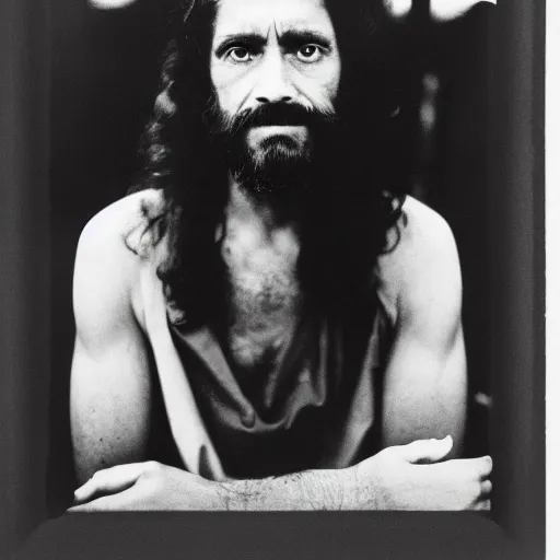 Image similar to photo of Jesus Christ by Diane Arbus, black and white, high contrast, Rolleiflex, 55mm f/4 lens