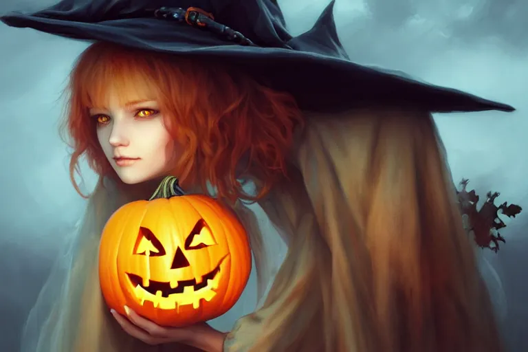 Image similar to portrait of a scarecrow with a jack - o - lantern head and a witch hat, halloween night, charlie bowater, artgerm, ilya kuvshinov, krenz cushart, ruan jia, realism, ultra detailed, 8 k resolution