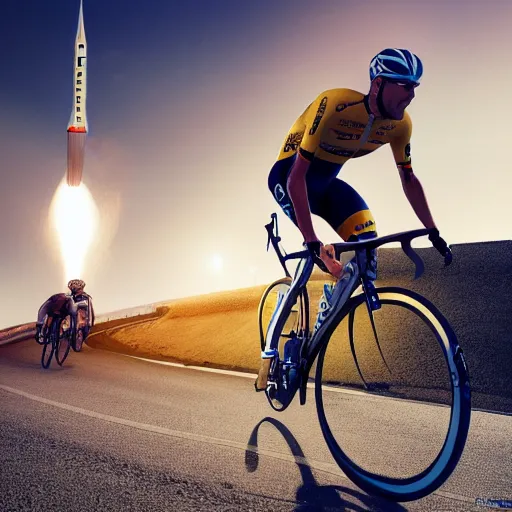 Image similar to sport photography of lance amstrong biking on the tour de france ( tdf ) with a huge lit rocket on his back, motion blur, 8 0 mm, f 4. 0, golden hour, trending on artstation, hyper realistic