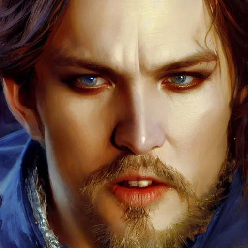 Prompt: detailed cinematic wide shot of beautiful attractive blonde vampire jhonny depp slim face symettrical face clean skin blue eyes black robe smooth, sharp focus, ultra realistic, spring light, painting by gaston bussiere, craig mullins, j. c. leyendecker