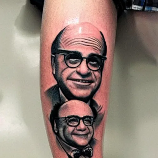 Prompt: tattoo of danny devito on leg