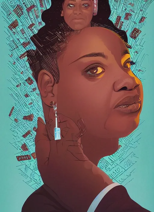 Image similar to poster artwork by Michael Whelan and Tomer Hanuka, Karol Bak of Octavia Spencer has a thousand voices in her head, reality is a labyrinth, psychological thriller from scene from Twin Peaks, clean, simple illustration, nostalgic, domestic, full of details