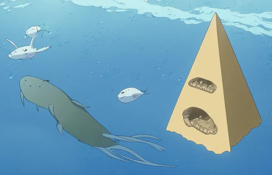 Image similar to a realistic studio ghibli cell - shaded cartoon showing an eel submarine swimming in front of a white pyramid underwater at the bottom of the sea. shafts of sunlight come from above. wide shot, very dull muted colors, hd, 4 k, hq