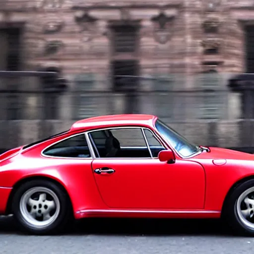 Prompt: photo of a red porsche 9 1 1 9 6 4 carrera 2 speeding through nyc, cinematic, motion blur