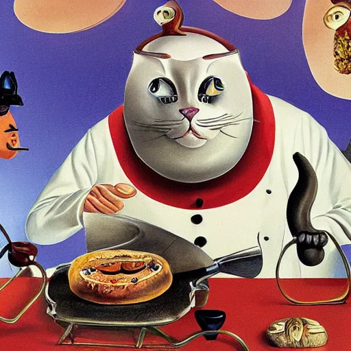 Image similar to anthropomorphic cats chef competing at the Masterchef TV show, by Salvador Dali