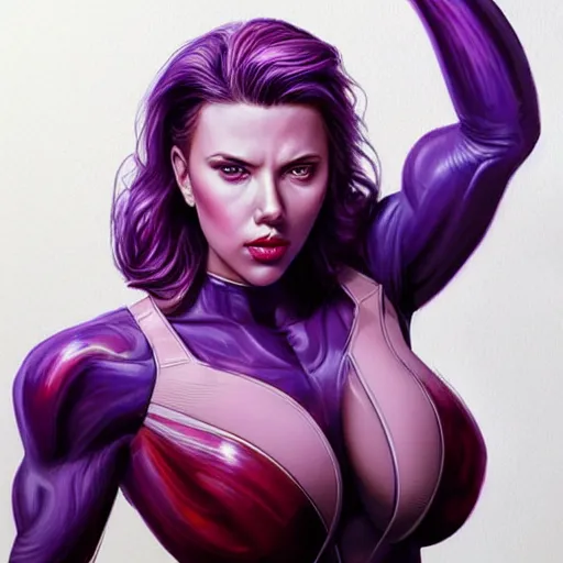 Prompt: scarlett johansson as thanos, feminine beautiful muscular fitness model wearing armor, very dark purple skin, red lips, super very strong jaw, shredded abs, pin up, attractive, highly detailed full body portrait, pretty face, elegant, breathtaking art, concept art, by artgerm and ilya kuvshinov