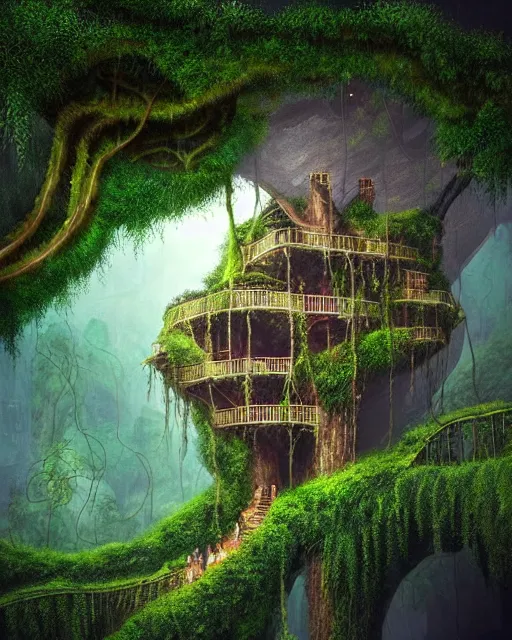 Prompt: detailed matte painting of a massive tree house in a cavernous cave cliff, overgrown vegatation, vines, moss, trees, flowers, and gardens by vivek chaurasia trending on instagram