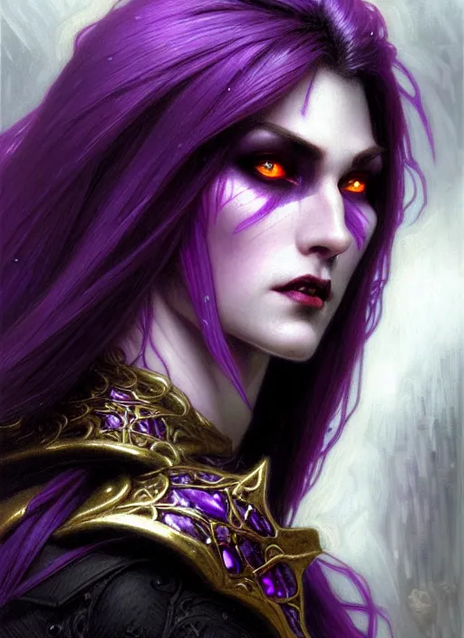 Image similar to close up character concept portrait of a vampire in amethyst armor with purple hair, strong, intricate, elegant, intense, stoic, highly detailed, digital painting, artstation, concept art, symmetry, smooth, sharp focus, illustration, black and red, art by gaston bussiere and alphone mucha