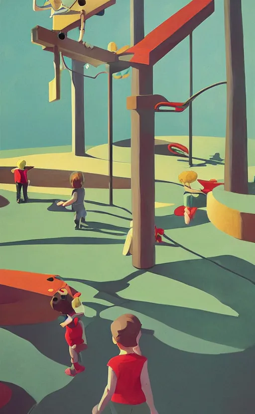 Image similar to children playground, surreal illustration, by atey ghailan and escher and edward hopper