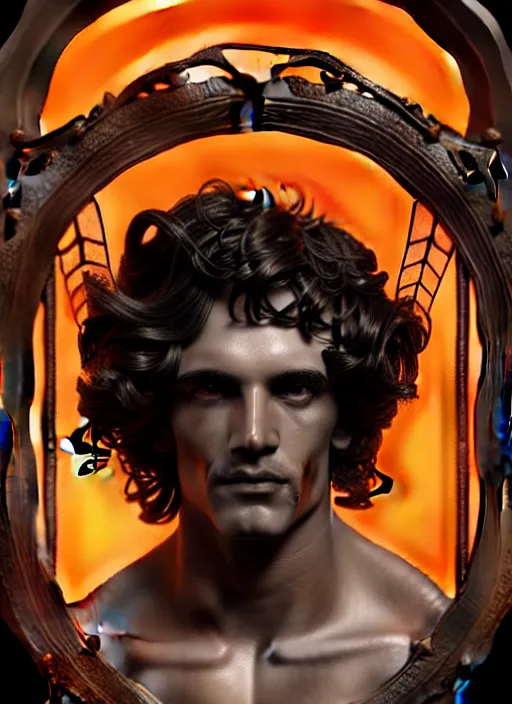 Image similar to portrait of greek god ares, black curly hair, glowing eyes, volumetric lights, face ornament, orange scheme, art nouveau botanicals, gothic, intricate, highly detailed, digital painting, artstation, concept art, smooth, sharp focus, symmetric face, illustration, steampunk, art by artgerm and greg rutkowski and alphonse mucha