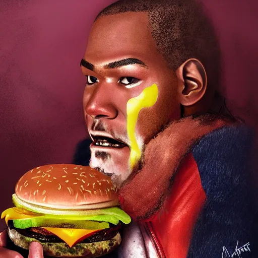 Prompt: portrait photography of Kevin Durant in clown makeup eating a giant hamburger, extra ketchup and mustard with overflowing bacon lettuce and tomato, cinematic lighting, highly detailed, feminine ethereal, D&D, hearthstone, digital painting, artstation, concept art, smooth, sharp focus, illustration, art by Terry Moore and Greg Rutkowski and Alphonse Mucha