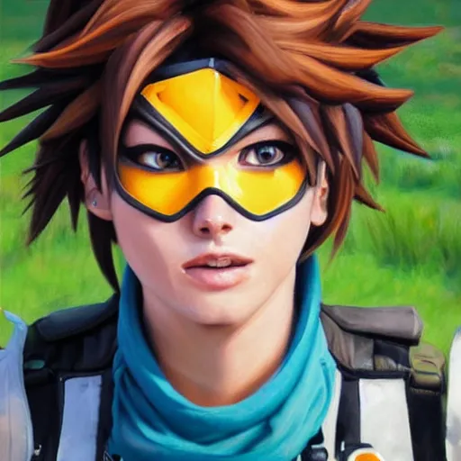 Prompt: oil painting of tracer overwatch in a field wearing spiked collar uniform, in style of steve henderson, expressive face, detailed face, detailed eyes, full body, feminine face, tracer overwatch,