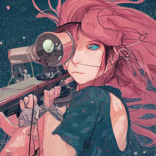 Image similar to close up, posing pointing with an arrow bow and shouting, a grungy cyberpunk anime, very cute, by super ss, curly pink hair, night sky by wlop, james jean, victo ngai, highly detailed