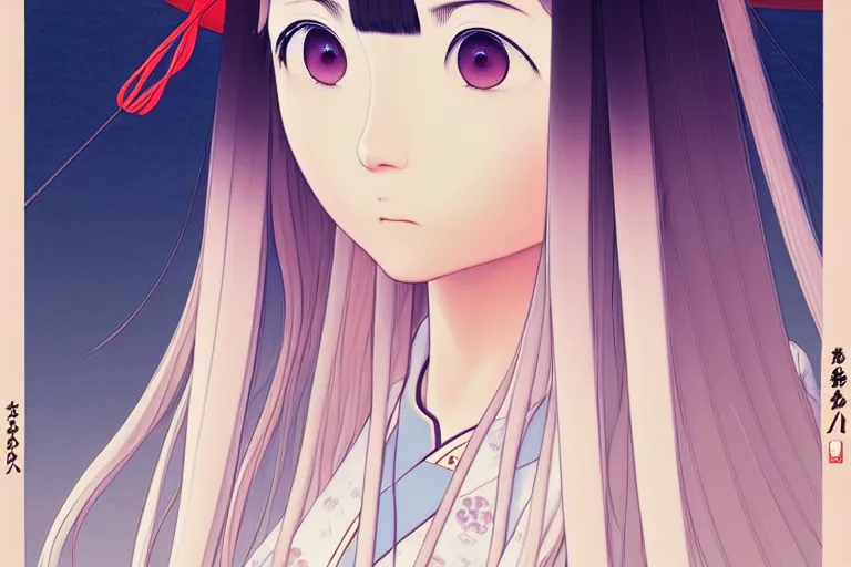 Image similar to portrait of a young japanese girl with long white hair in traditional clothing at a shinto shrine, fine detailed features, trending on pixiv fanbox, ilya kuvshinov makoto shinkai takashi takeuchi studio ghibli, akihiko yoshida, 4 k