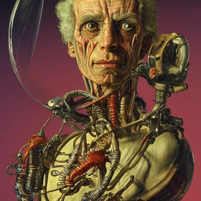 Prompt: baroque neoclassicist colorful sci - fi close - up portrait of mad scientist's anatomy. reflective detailed textures. studio lighting, dark background. highly detailed fantasy science fiction painting by, moebius, norman rockwell, frank frazetta, and syd mead. high contrast. artstation