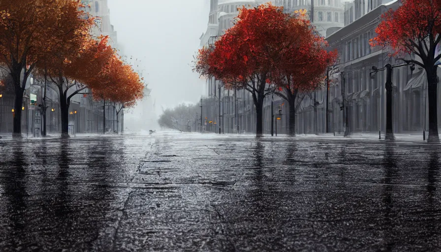 Image similar to empty wet streets of washington dc, rainy day, leafs, dirty ground, hyperdetailed, artstation, cgsociety, 8 k