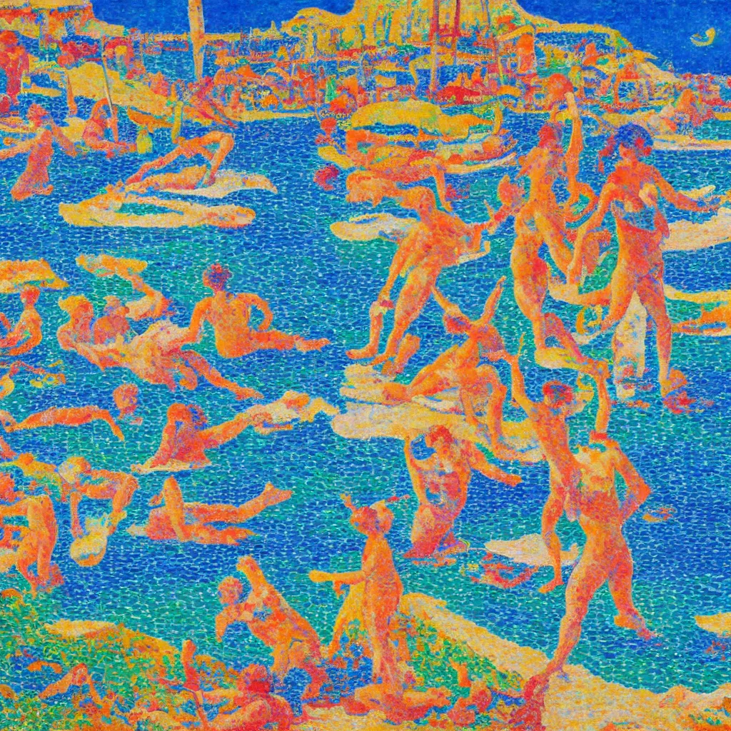 Image similar to acrylic paint impasto reliefs, happy italian beach scene, an artwork by charles w. bartlett and jackson pollack and colin campbell cooper and signac