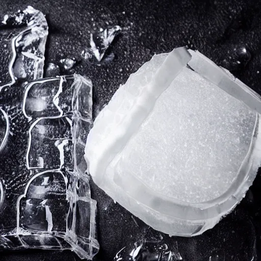 Image similar to a clear ice sculpture of a burger made entirely of ice, 4 k