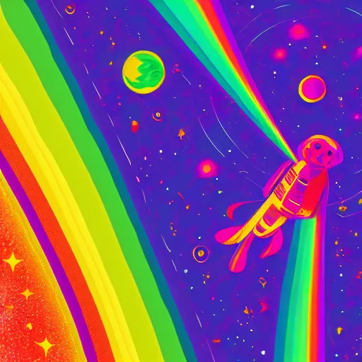 Prompt: space Dachshund floating of away from the earth, complex wavy rainbow lines, particles and distortion, in the style of Ori Toor