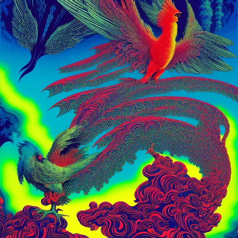 Image similar to mythical bird over infinite fractal volcanoes, bright neon colors, highly detailed, cinematic, eyvind earle, tim white, philippe druillet, roger dean, lisa frank, aubrey beardsley, hiroo isono