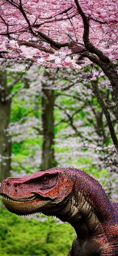 Image similar to “ a portrait photo of tyrannosaurus at a sakura tree, side shot, by professional photographer, 8 k resolution, high quality ”