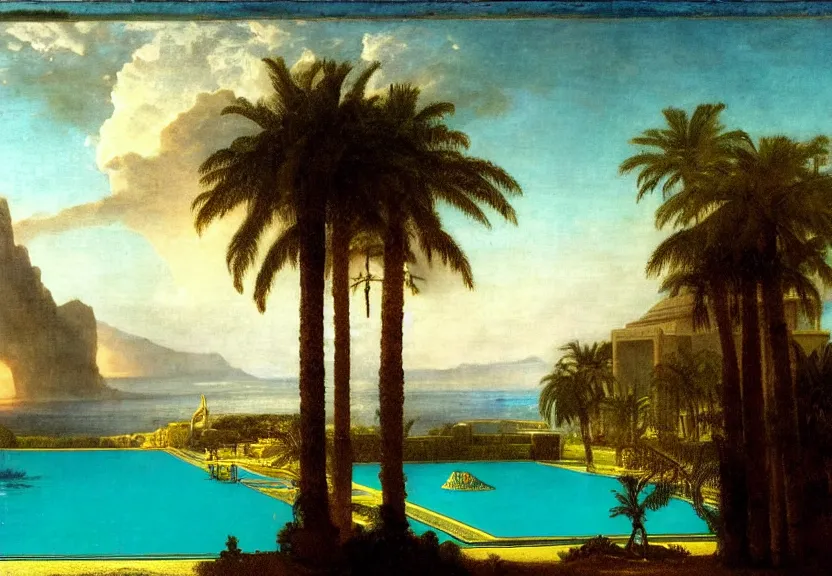 Image similar to The highest palace ever made, thunderstorm, greek pool, beach and palm trees on the background major arcana sky, by paul delaroche, hyperrealistic 4k uhd, award-winning very detailed