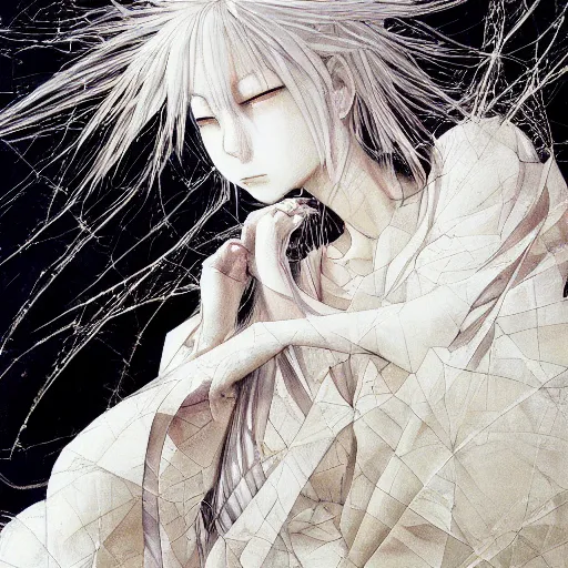 Image similar to Yoshitaka Amano realistic illustration of an anime girl with white hair and cracks on her face wearing dress suit with tie fluttering in the wind, abstract black and white patterns on the background, noisy film grain effect, highly detailed, Renaissance oil painting, weird portrait angle